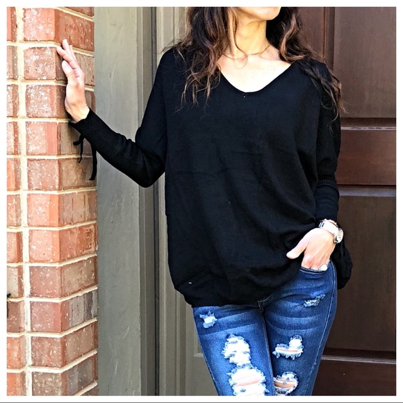 PARIS black V neck loose fit tie up detail sweater - Picture 6 of 8